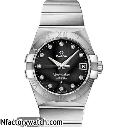 3A歐米茄Omega constellation 星座系列 123.10.38.21.51.001 黑色錶帶實心精鋼 316L不鏽鋼錶圈