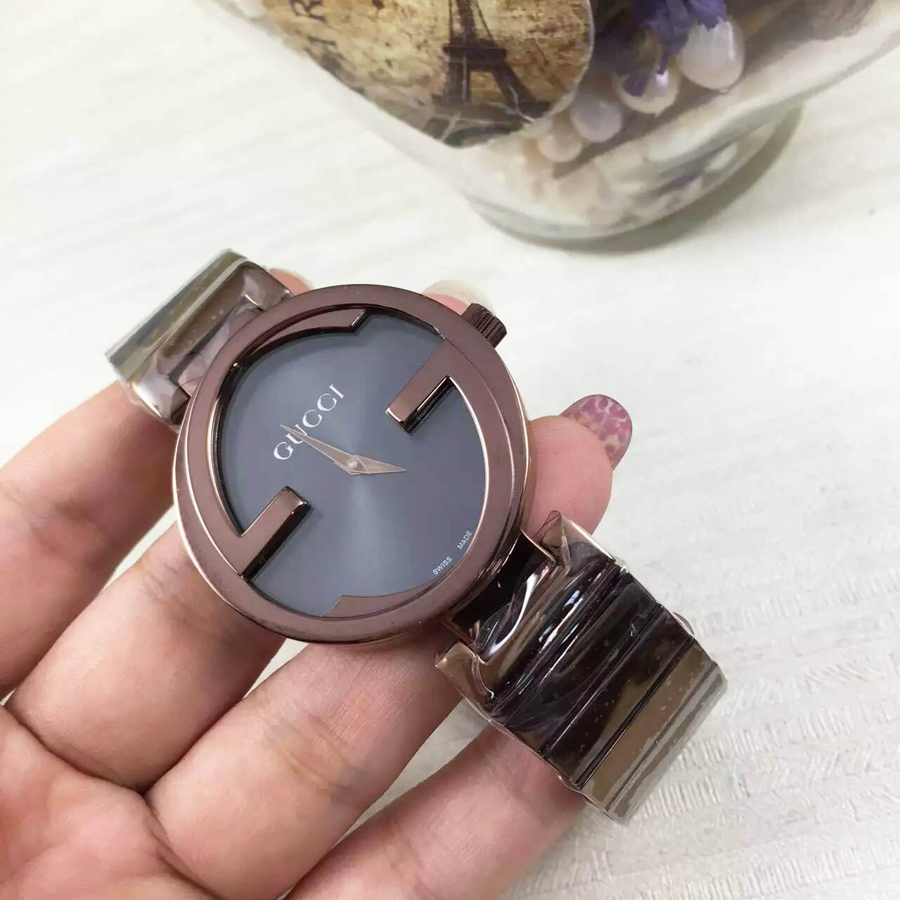 3A古馳 Gucci 專利殼形設計雙G系列2針 瑞士石英機芯 意大利牛皮 原裝針扣