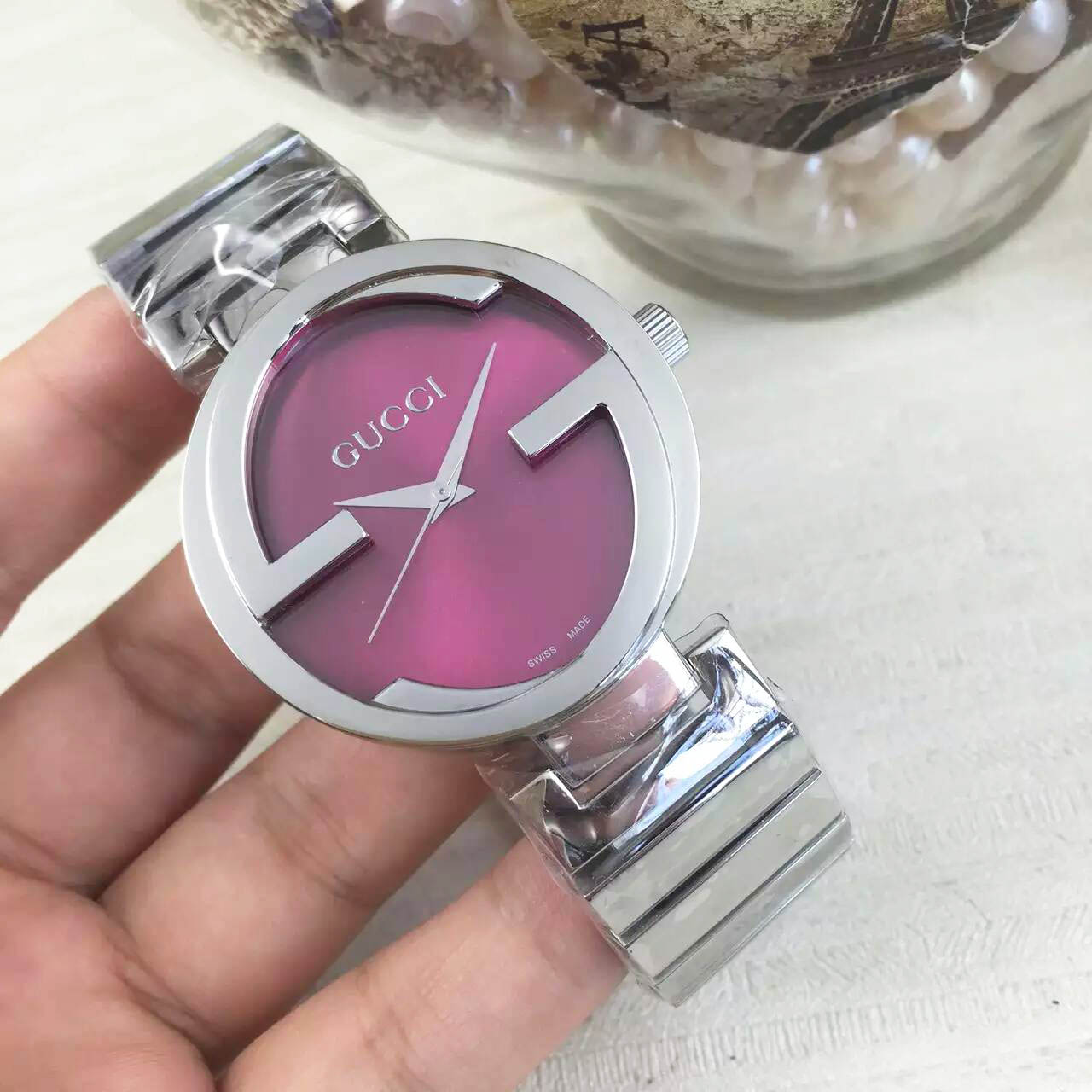 3A古馳 Gucci 專利殼形設計雙G系列3針 藍寶石玻璃 意大利牛皮