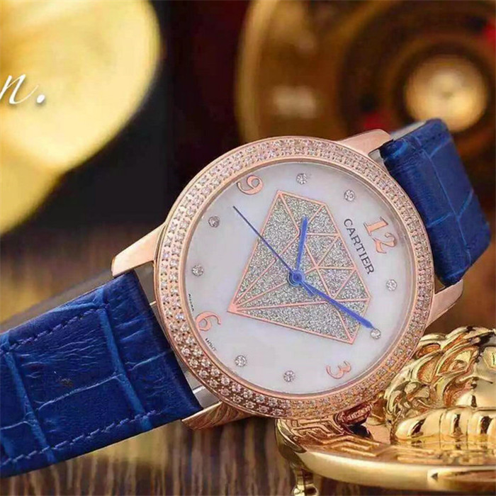 3A卡地亞Cartier腕錶瑞士石英機芯鋼化礦物質玻璃鏡面藍色錶帶36mmX10mm